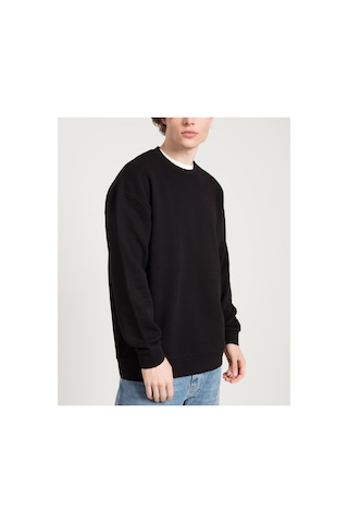 Swoord Bisiklet Yaka Unisex Oversize Sweatshirt 3 Iplik Şardonlu Pamuklu Baskısız Siyah