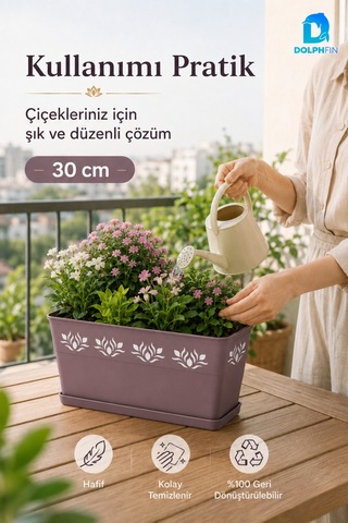 Desenli Dikdörtgen Balkon Saksısı 30x16,5x14,5 Cm Tabaklı Plastik Çiçek Saksısı Mürdüm
