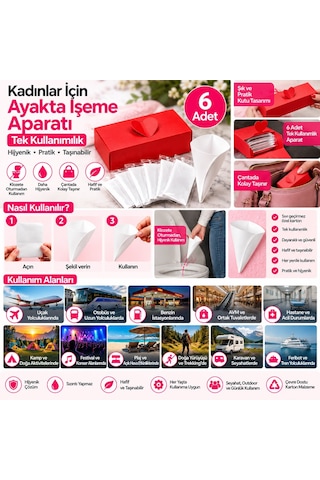 Kadın Ayakta İşeme Aparatı 6'lı Tek Kullanımlık Kadın Pisuvarı, Hijyenik Tuvalet Ve Seyahat Aparatı Kırmızı Kutulu