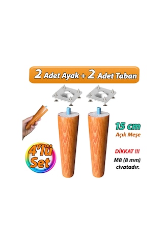 Ahşap Ayak 15 Cm 4'lü Set Açık Meşe M8 Civatalı Bağlantı Aparatlı Dolap Mobilya Koltuk Kanepe Destek Ayağı Ayakları Açık Meşe