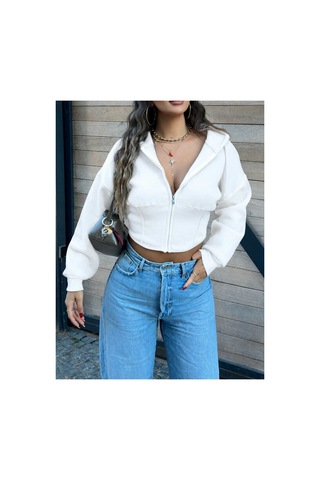 Evoa Kadın Beyaz Oversize Kol Kapüşonlu Crop Hırka