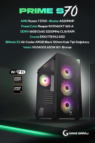 Game Garaj Vento Prime S70 R7-5700 16 GB 1 TB SSD 16 GB RX9060XT Dos Oem Paket Masaüstü Oyuncu Bilgisayarı