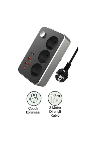 3lü Priz 2500 Watt Akım Korumalı 2m Uzatma Kablosu 2xusb 1xtype-c Diğer
