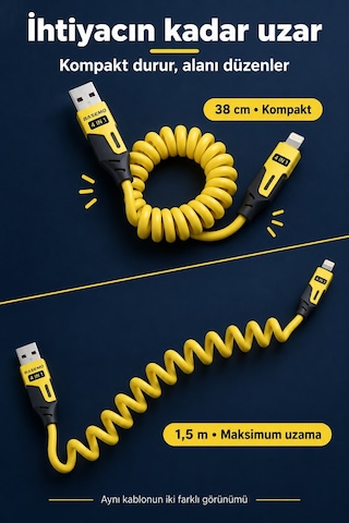 Spiral Esnek Usb Type-c Ve Lightning Şarj Kablosu 1.5 Metre