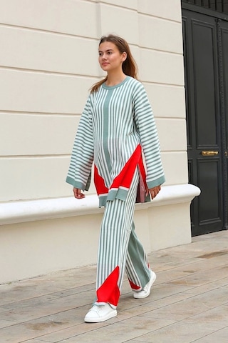 Çizgili Bisiklet Yaka Triko Takım Mint Mint