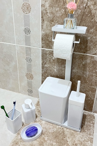 6 Parça Banyo Seti Çöp Kovası, Wc Fırça, Tuvalet Kağıtlık, Diş Fırçalık, Sıvı Sabunluk, Sabunluk Beyaz