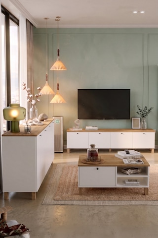 Yurudesign Nord Tv Ünitesi Orta Sehpa Konsol 3'lü Set Ahşap Ayaklı Sepet-beyaz Nd21-sw