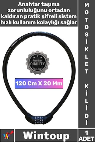 Kilit Dayanıklı Yüksek Güvenli Motor Bisiklet 120 Cm 20 Mm 5 Hane Şifreli Siyah Motosiklet Kilidi