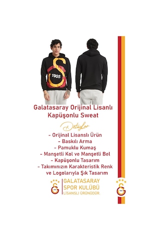 Galatasaray Lisanslı Kapüşonlu Logo Erkek Sweat Gs Bileklik Set Ahşap Kutulu 096 Siyah