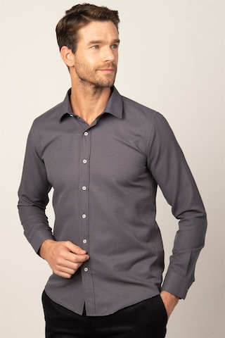 Tudors Modern Fit Uzun Kollu Armürlü Kravatlık Erkek Gri Gömlek-26541 Gri