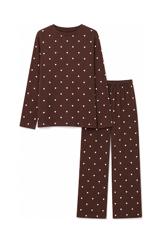 Feg Store %100 Pamuk Kahverengi Uzun Kollu Minik Kalp Detaylı Kadın Pijama Takımı