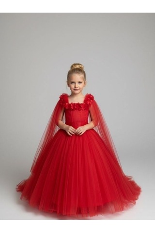 Zekids Kız Çocuk Kol Detaylı Prenses Model Abiye Elbise-17245 Kırmızı