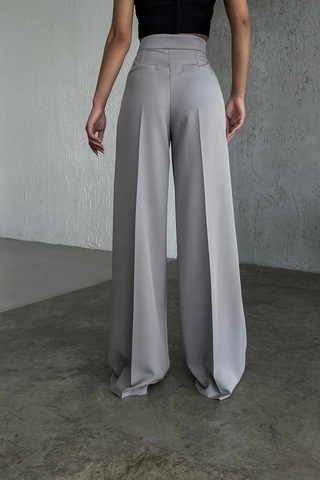 Defymoda Üç Düğme Detayli Palazzo Pantolon Gri