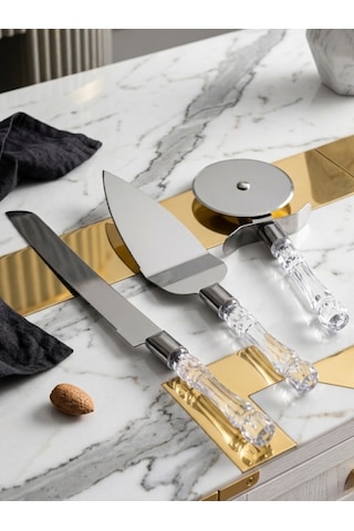 Mucit Home 3lü Kristal Görünümlü Saplı Çelik Servis Seti Pizza Kesici Kek Bıçağı Pasta Spatulası Beyaz