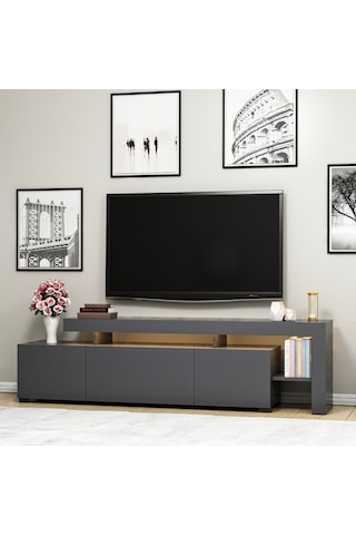 Beliz Modern LED Işıklı 3 Kapaklı, Raflı TV Sehpası – 192 cm, Antrasit