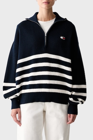 Tommy Jeans Yarım Fermuarlı Çizgili Relaxed Fit Dik Yaka Logolu Kazak Kadın Kazak Dw0dw22928 0a9 Mavi