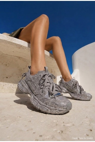 Kadın Silver T11 İthal Işıltılı Taş Kaplama Özel Tasarım Sneaker Ayakkabı Gri