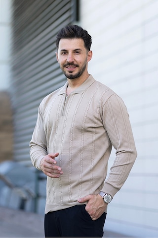 Hk Premium Triko Kazak Polo Yaka Fermuarlı Slim Fit Bej