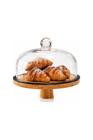 Cam Kapaklı Ayaklı Bambu Pasta Kek Standı Servis Sunum Tabağı, Kek Pasta Fanusu - 28 Cm Şeffaf