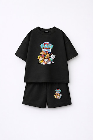 Fasardi Paw Patrol Baskılı Oversize %100 Pamuk Tişört Şort Çocuk 2li Takım Siyah