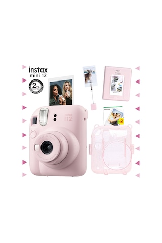 Fujifilm Instax Mini 12 Fotoğraf Makinesi + 20'li Film + Kıskaçlı Stand + pvc Albüm + Simli Pleksi Kılıf Seti Pembe