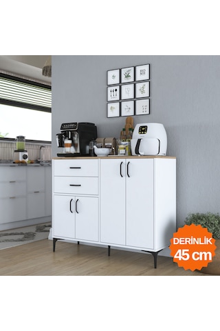 Rani Je210 Kahve Köşesi Çok Amaçlı Dolap 4 Kapaklı 2 Çekmeceli Kiler Mutfak Dolabı Beyaz - Sepet Ceviz Beyaz - Sepet Ceviz