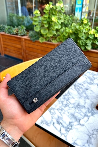 Montana Unisex Siyah Hakiki Deri Mıkntıslı Telefon Cüzdanı - Isim'e Özel Baskı Siyah