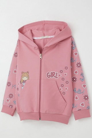 Breeze Kız Çocuk Hırka Sevimli Kız Baskılı Kolları Çiçek & Kalp Desenli 1-4 Yaş, Gülkurusu Gülkurusu