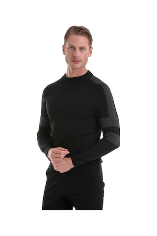 Hatemoğlu Siyah Comfort Fit Düz Pamuklu Yarım Balıkçı Yaka Casual Triko Kaz Siyah