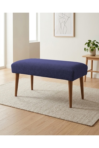 Mavi Keten Kumaş Bench Puf 90x45x46 Cm Ahşap Ceviz Ayaklı Demonte Modern Yatak Ucu Bench Oturma Bankı Antre Koridor Pufu