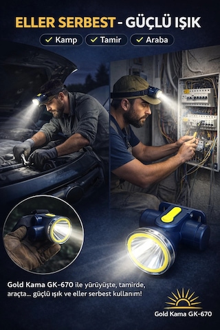 Gold Kam A Gk-670 Led Kafa Feneri Type-c Şarjlı 1200 Mah 3w Cree Led Outdoor Kamp Işığı