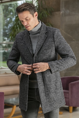 Buratti Slim Fit Tek Yırtmaçlı Düğmeli Mono Yaka Kaşe Erkek Kaban 5840098 Antrasit Ekoseli