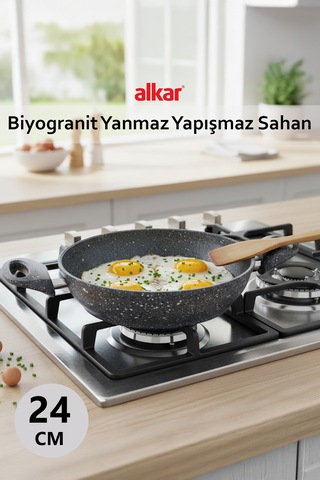 24 Cm Büyük Boy Şef Kalitesi Yanmaz Yapışmaz Granit Döküm Sahan Gri