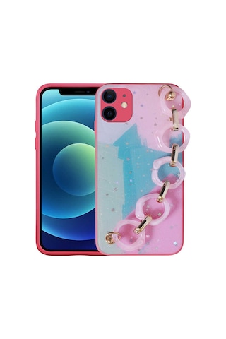 Apple Uyumlu iPhone 12 Uyumlu Simli Desenli El Askılı Tutacaklı Zore Elsa Silikon Kılıf-pembe Koyu Pembe Koyu -