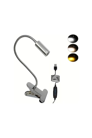 Boatshop1 Esnek Usb Led Klipsli Masa Lambası Simli 3 Mod 10 Parlaklık Ayarlanabilir Boyun Kelepçe Siyah Mat Metal Uzay Tasarımı Ev Ofis Simli