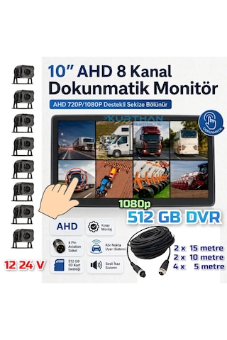 10 İnç 8 Ch Dokunmatik Ekran 8 Adet Ahd 1080p Kamera 512 Gb Dvr Adas Bsd 12 24 Volt