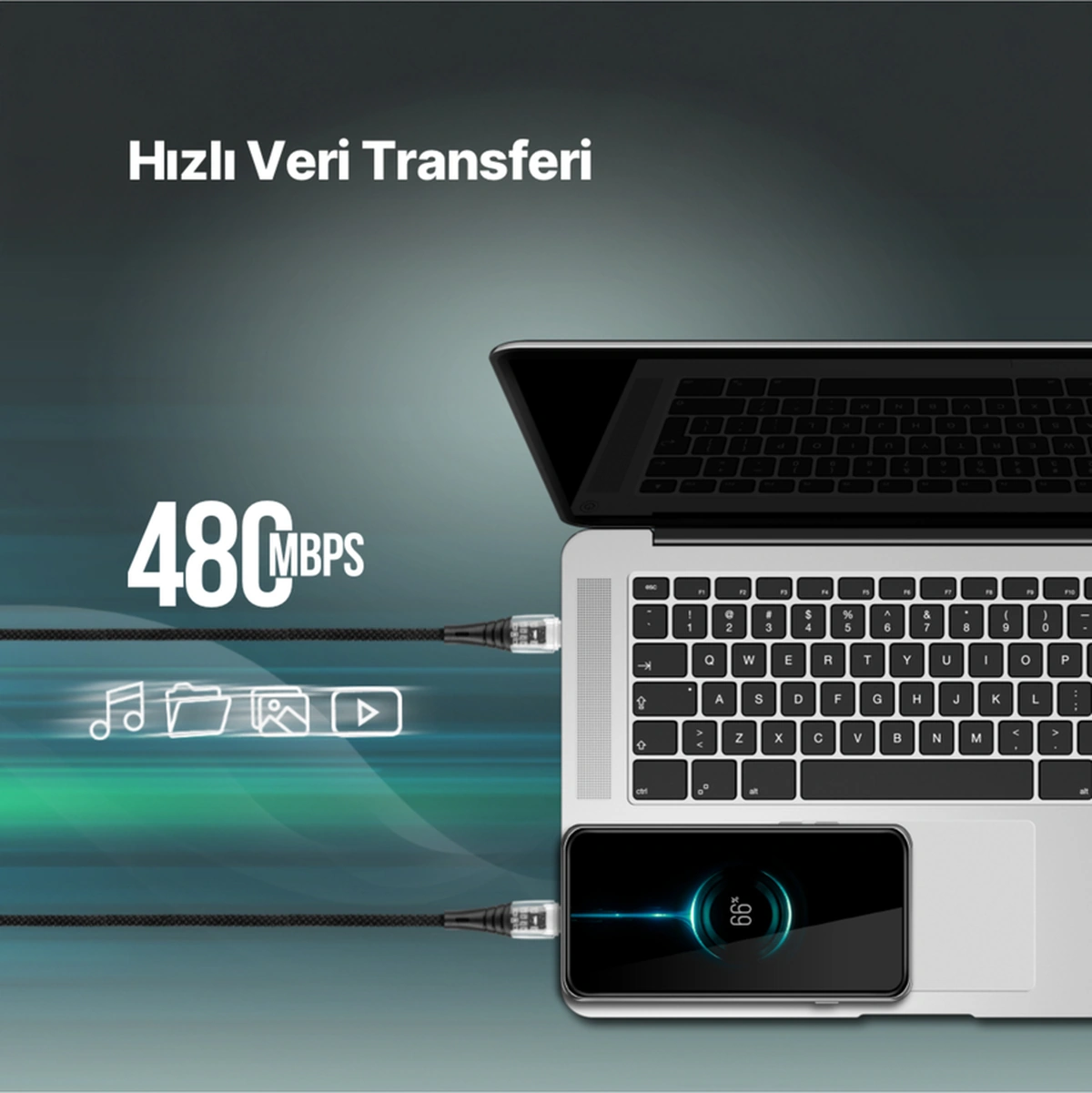 Ekstra Dayanıklı Transparan Usb-c Usb-c 60w Pd/qc 120cm Hızlı Şarj/data Kablosu Siyah 2dk58s