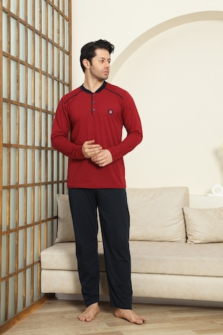 Enisena Erkek %100 Pamuklu Pijama Takımı-3 Düğmeli-12440 Bordo
