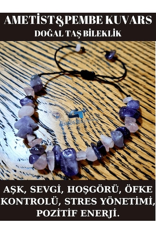 Gümüştel El Sanatları Sertifikalı Doğal Kırık Taş Pembe Kuvars & Ametist Taşı Bileklik Asansörlü Kilit Sistemi Çok Renkli