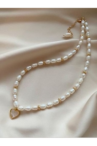 Vip Tasarım Gerçek İnci Sedef Kalpli Kolye Altın Kaplama Beyaz