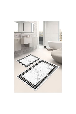 Çerçeveli Mermer Desenli Dijital Baskılı Yıkanabilir 2li Banyo Paspası Gri