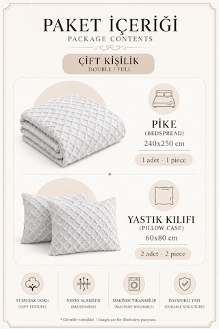 Bej Çift Kişilik Bohem Pike Takımı Mevsimlik 240x250 Yatak Örtüsü Seti Rozella