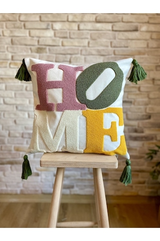 Swita Home Punch İşlemeli Tekli Dekoratif Özel Tasarım Kırlent Kılıfı Panç Mor - Yeşil