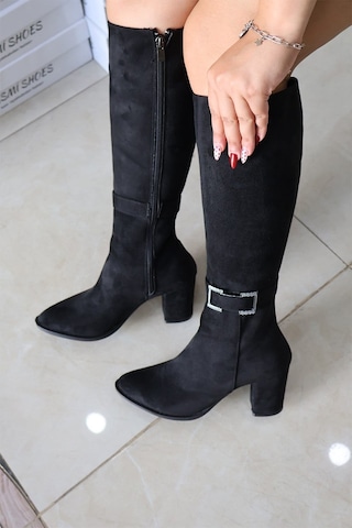 Asmi Shoes Kadın Lamor Siyah Süet Topuklu Yandan Fermuarlı Diz Altı Çizme 410