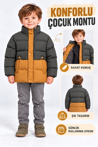 Ahengim Erkek Çocuk Kışlık Şişme Mont Çift Renkli Kapitone Fermuarlı Cepli Ak4307 Haki