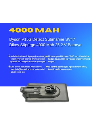 Dyson V15s Detect Submarine Sv47 4000 Mah Süpürge Batarya Yüksek Kapasiteli, Güçlü Ve Dayanıklı Yedek Pil Uzun Ömürlü Li-ıon Batarya