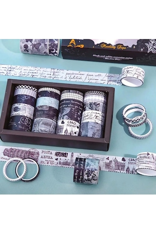 Dikdörtgen Vintage Washi Tape Bant Yapışkanlı Maskeleme Kağıdı Desenli Bant 20'li - Siyah Seri Bant 1