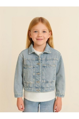 Kız Çocuk Yandan Kanguru Cepli Kot Ceket-16066 Mavi