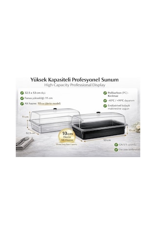 Polikarbon Gn 1/1 Fanus Kapaklı Derin Servis Küveti 32.5x53 Cm 10 Cm Alt Hazne Şeffaf