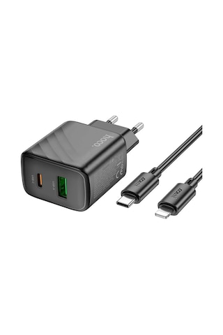 Hoco. Cs23a Sunlight 30w 1 Adet Type-c Ve 1 Adet Usb 3.0 Qc Çıkışlı Ekstra Type-c To Lightning Kablolu Pd Hızlı Şarj Aleti - Siyah